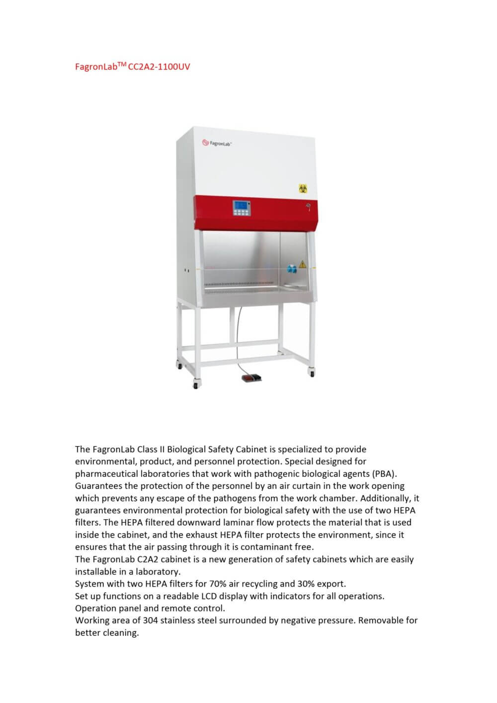 Θάλαμος Βιολογικής Ασφάλειας Fagronlab CC2A2-1100UV - Image 2