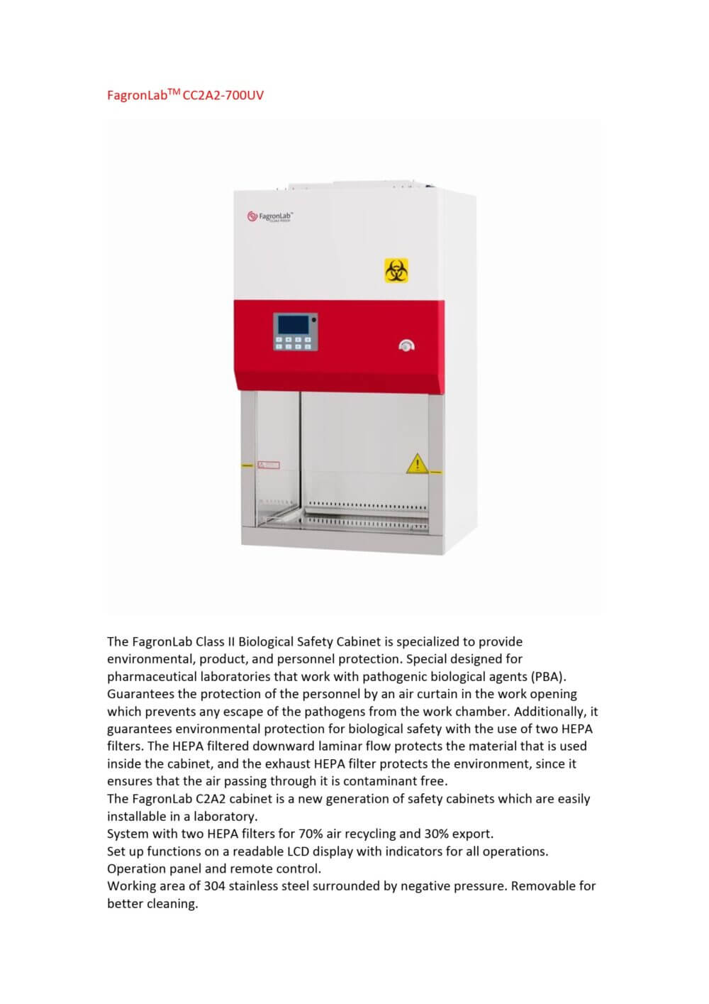 Θάλαμος Βιολογικής Ασφάλειας Fagronlab CC2A2-700UV - Image 2